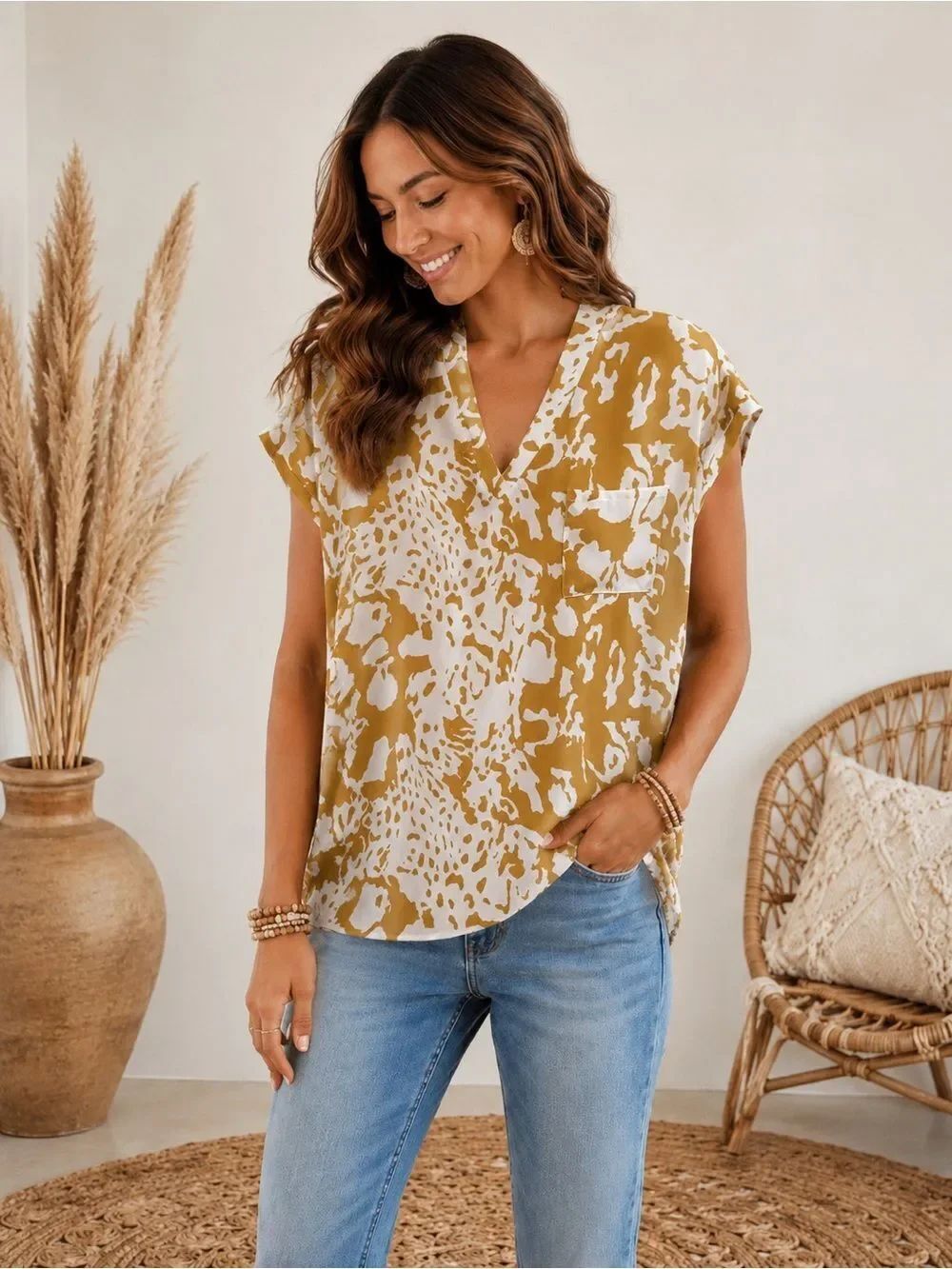 JODIFL Mustard and White Abstract V-Neck Blouse